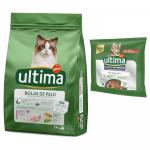 Ultima, karma sucha dla kota + karma mokra, Ultima, 4 x 70 g gratis! - Hairball, indyk i ryż, 7,5 kg + Hairball wołowina i łosoś, 4 x 70 g