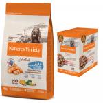 Nature\'s Variety: karma sucha + karma mokra gratis! - Selected Medium / Maxi Adult, łosoś norweski, 12 kg + Pakiet mieszany Original Paté No Grain Medium/Maxi Adult, wołowina, kurczak,