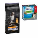 Purina Pro Plan, karma sucha dla psa + przysmak do gryzienia Purina Dentalife gratis! - All Size Adult Performance, kurczak i ryż, 14 kg + Dentalife dla średnich psów, 24 sztuki (8 x 69 g)