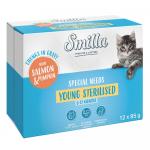 Smilla Young Sterilised kawałeczki w sosie z warzywami, saszetki - Łosoś i dynia, 12 x 85 g