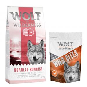 Wolf of Wilderness, sucha karma dla psa, 12 kg + przysmak Wild Bites, 180 g gratis! - Adult, Scarlet Sunrise, łosoś i tuńczyk + Wide Acres - kurczak, 180 g