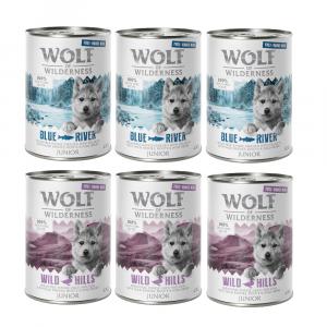 Korzystny pakiet Wolf of Wilderness Adult, 24 x 400 g - JUNIOR Mix: Wild Hills, Blue River, w puszce