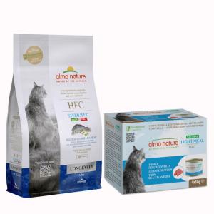 Almo Nature HFC: Longevity Sterilized, karma sucha, 1,2 kg + Natural Light, 4 x 50 g gratis! - Bass morski i dorada, 1,2 kg + Tuńczyk atlantycki, 4 x 50 g