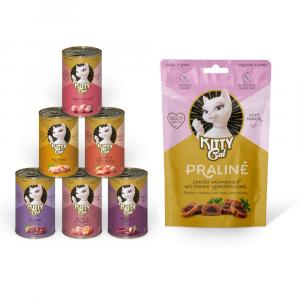 Kitty Cat: Adult Pate, karma mokra, 6 x 400 g + Praliné, kurczak i wątróbka, przysmak, 50 g gratis! - Pakiet mieszany II (6 smaków)