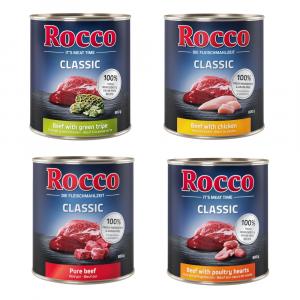 10% taniej! Rocco, karma mokra dla psa, 24 x 800 g - Mieszany pakiet Classic 1: czysta wołowina (6 x 800 g), wołowina i serca drobiowe (6 x 800 g), wołowina i zielone żwacze (6 x 800 g), wołowina i kurczak (6 x 800 g)