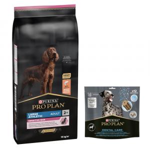 PURINA PRO PLAN: karma sucha + Dental Care dla dużych psów, 426 g (12 sztuk) gratis! - Large Athletic Adult Sensitive Skin, łosoś, 14 kg