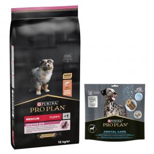 PURINA PRO PLAN: karma sucha + Dental Care dla dużych psów, 426 g (12 sztuk) gratis! - Medium Puppy Sensitive Skin, łosoś i ryż, 12 kg