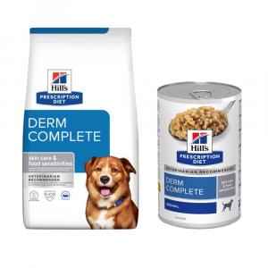 Hill's Prescription Diet: karma sucha, 12 kg + karma mokra Derm Complete, 3 x 370 g gratis! - Derm Complete, ryż i jajko