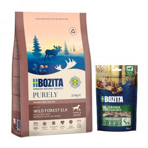 Bozita: Dog Purely Grain Free, karma sucha dla psa, 2,5 kg + Meaty Bites, przysmak, 70 g gratis! - Puppy & Junior, łoś, 2,5 kg + Kaczka i łoś, 70 g