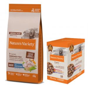 Nature's Variety: karma sucha + karma mokra gratis! - Healthy Grains Medium/Maxi Adult, biała ryba, 12 kg + Pakiet mieszany Original Paté No Grain Medium/Maxi Adult, wołowina, kurczak, indyk, 4 x 300 g