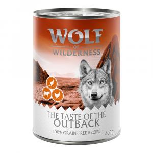 5 + 1 gratis! Wolf of Wilderness, karma mokra, 6 x 400 g - The Taste of Outback - kurczak, wołowina, kangur