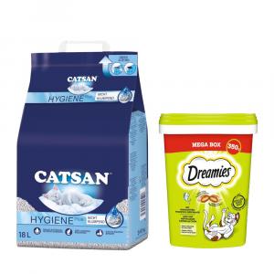 15% taniej! 18 l Catsan żwirek higieniczny + Dreamies Megatub przysmaki dla kota, 2 x 350 g - 18 l + Tuńczyk, 2 x 350 g