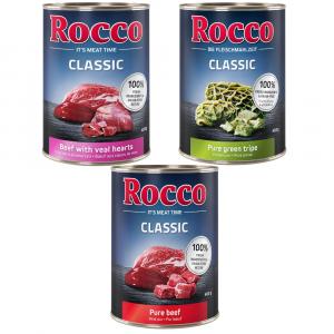 20% taniej! Mieszany pakiet Rocco Classic, karma mokra dla psa, 12 x 400 g - Mix II: czysta wołowina, wołowina/serca cielęce, wołowina/żwacz wołowy