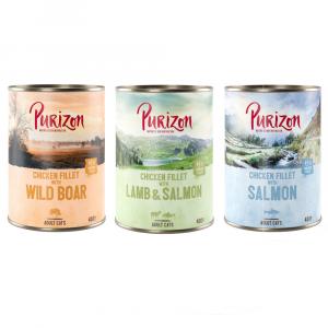 Purizon Adult 12 x 400 g, bez zbóż - Pakiet mieszany (4 x dzik, 4 x łosoś, 4 x jagnięcina)