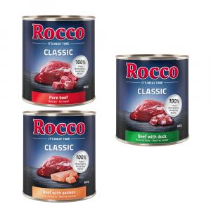 Korzystny pakiet Rocco Classic, 12 x 800 g - Ekskluzywny mix: czysta wołowina, wołowina/łosoś, wołowina/kaczka