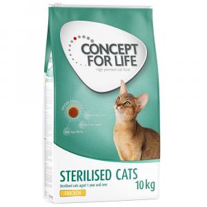 20% taniej! Concept for Life, karma sucha, 10 kg / 3 x 3 kg - Sterilised Cats, kurczak - ulepszona receptura, 10 kg