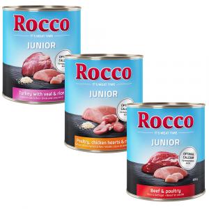 Mieszany pakiet próbny Rocco, 6 x 800 g - Junior: Indyk/Serca cielęce/Ryż, Drób/Serca kurze/Ryż, Wołowina/Drób