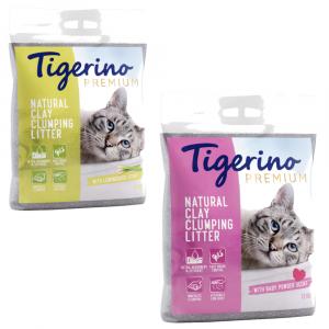 Pakiet mieszany Tigerino Premium, 2 x 12 kg - Zapach pudru dziecięcego + zapach trawy cytrynowej