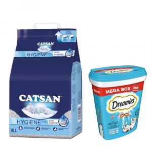 15% taniej! 18 l Catsan żwirek higieniczny + Dreamies Megatub przysmaki dla kota, 2 x 350 g - 18 l + Łosoś, 2 x 350 g