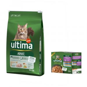 Ultima, karma sucha dla kota, 10 kg + Ultima Sterilized, karma mokra, 8 x 85 g gratis! - Adult, kurczak, 10 kg