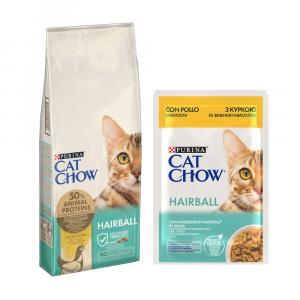 15% taniej! Purina Cat Chow: karma sucha dla kota, 15 kg + karma mokra, 26 x 85 g - Adult Special Care Hairball Control, 15 kg + Hairball, kurczak i zielona fasolka