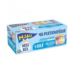 Pakiet mieszany Mjau, 48 x 85 g - W galarecie (wołowina, kurczak, krewetki, łosoś)