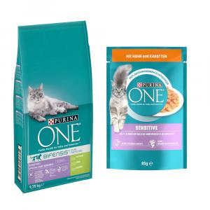 Purina ONE: 9,75 kg karma sucha + karma mokra, 13 x 85 g gratis! - Sensitive + Sensitive, kurczak z marchwią