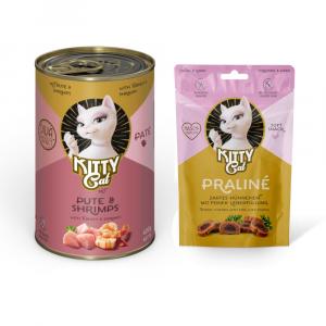 Kitty Cat: Adult Pate, karma mokra, 6 x 400 g + Praliné, kurczak i wątróbka, przysmak, 50 g gratis! - Indyk i krewetki