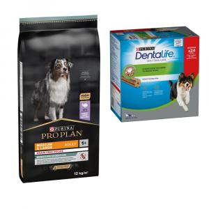 Duże opakowanie PURINA PRO PLAN + przysmak PURINA Dentalife gratis! - Medium & Large Adult Sensitive Digestion, bez zbóż, 12 kg + Dentalife dla średnich psów, 24 sztuki