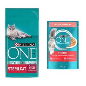 Purina ONE: 9,75 kg karma sucha + karma mokra, 13 x 85 g gratis! - SterilCat, wołowina + SterilCat, łosoś z marchewką