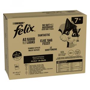 70 + 10 gratis! Megapakiet Felix, 80 x 80 g / 85 g - So gut wie es aussieht, w galarecie, Mięsne smaki dla seniora (wołowina, łosoś, kurczak, tuńczyk), 80 x 85 g