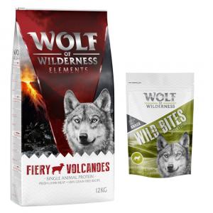 Wolf of Wilderness, sucha karma dla psa, 12 kg + przysmak Wild Bites, 180 g gratis! - „Fiery Volcanoes”, jagnięcina + Green Fields - jagnięcina, 180 g