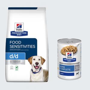Hill's Prescription Diet: karma sucha, 12 kg + karma mokra Derm Complete, 3 x 370 g gratis! - d/d Food Sensitivities, kaczka i ryż
