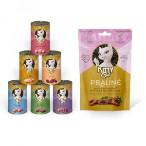 Kitty Cat: Adult Pate, karma mokra, 6 x 400 g + Praliné, kurczak i wątróbka, przysmak, 50 g gratis! - Pakiet mieszany I (6 smaków)