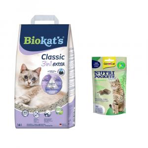 10 l / 14 l Żwirek dla kota Biokat's 3in1 + GimCat Nutri Pockets Insekty i kocimiętka, 60 g gratis! - Classic 3in1 Extra, 14 l