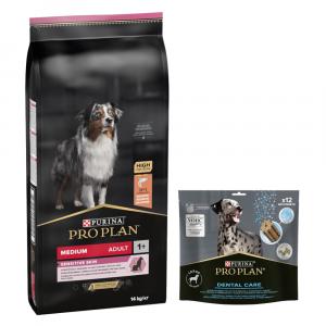 PURINA PRO PLAN: karma sucha + Dental Care dla dużych psów, 426 g (12 sztuk) gratis! - Medium Adult Sensitive Skin, łosoś i ryż, 14 kg