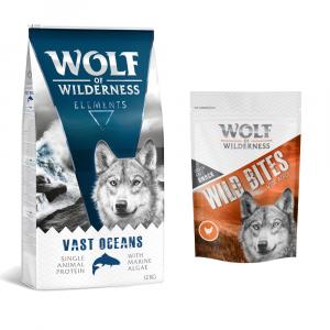 Wolf of Wilderness, sucha karma dla psa, 12 kg + przysmak Wild Bites, 180 g gratis! - „Vast Oceans”, ryba + Wide Acres - kurczak, 180 g