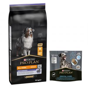 PURINA PRO PLAN: karma sucha + Dental Care dla dużych psów, 426 g (12 sztuk) gratis! - All Size Adult Performance, kurczak i ryż, 14 kg