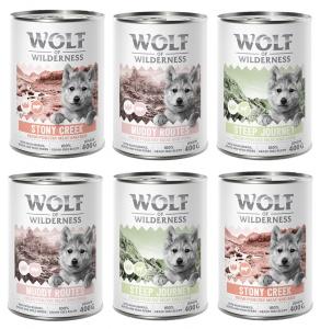 Pakiet mieszany Wolf of Wilderness JUNIOR - 6 x 400 g: 2x drób z wołowiną, 2x drób z jagnięciną, 2x drób z wieprzowiną