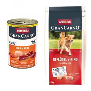 Animonda GranCarno Original: karma mokra, 6 x 400 g + karma sucha, drób + wołowina, 1 kg gratis! - Adult, wołowina z kurczakiem