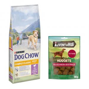 Purina: Dog Chow, karma sucha dla psa, 14 kg + Adventuros Nuggets, przysmak, 90 g gratis! - Complet/Classic, jagnięcina