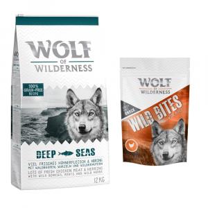 Wolf of Wilderness, sucha karma dla psa, 12 kg + przysmak Wild Bites, 180 g gratis! - Adult, Deep Seas, ryba + Wide Acres - kurczak, 180 g