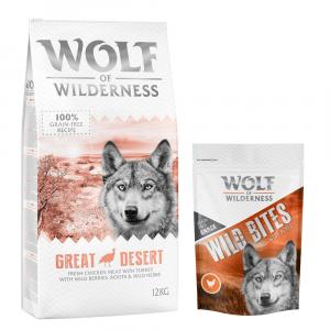 Wolf of Wilderness, sucha karma dla psa, 12 kg + przysmak Wild Bites, 180 g gratis! - Adult, Great Desert, indyk + Wide Acres - kurczak, 180 g