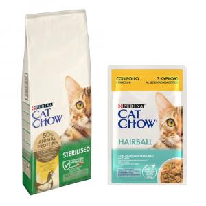PURINA Cat Chow: 10 kg / 15 kg karma sucha + karma mokra, 26 x 85 g gratis! - Adult Special Care Sterilised, 15 kg + Hairball, kurczak i zielona fasolka