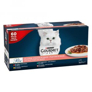Megapakiet Gourmet Perle, w sosie, 60 x 85 g - Kurczak, wołowina, łosoś i królik
