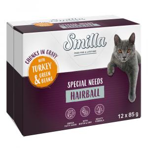 Smilla Adult Hairball w saszetkach, kawałeczki w sosie z warzywami - Indyk z zieloną fasolką, 12 x 85 g