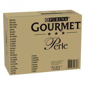 160 + 32 gratis! Megapakiet Gourmet Perle, karma mokra, 192 x 85 g - Kaczka, jagnięcina, kurczak, indyk w sosie