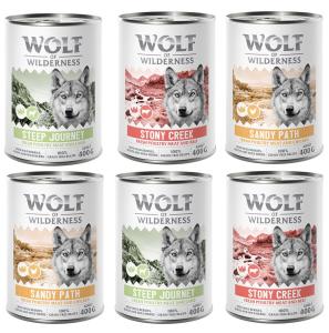 Mieszany pakiet próbny Wolf of Wilderness Adult - 6 x 400 g: Drób z wołowiną, drób z kurczakiem, drób z jagnięciną