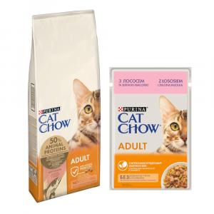 15% taniej! Purina Cat Chow: karma sucha dla kota, 15 kg + karma mokra, 26 x 85 g - Adult, łosoś, 15 kg + Łosoś