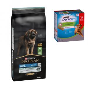 Purina Pro Plan, karma sucha dla psa + przysmak do gryzienia Purina Dentalife gratis! - Large Adult Robust Sensitive Digestion, jagnięcina i ryż, 14 kg + Dentalife dla dużych psów, 18 sztuk (6 x 106 g)